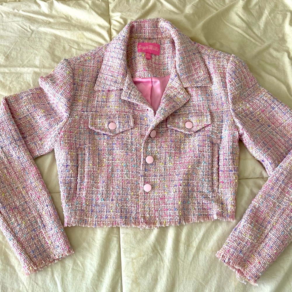Pink tweed Chanel inspired blazer jacket